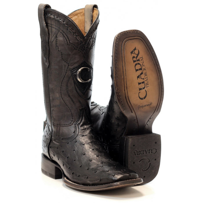 CUADRA MEN'S OSTRICH WIDE SQUARE TOE RODEO COWBOY BOOTS - 3Z1OA1 Black