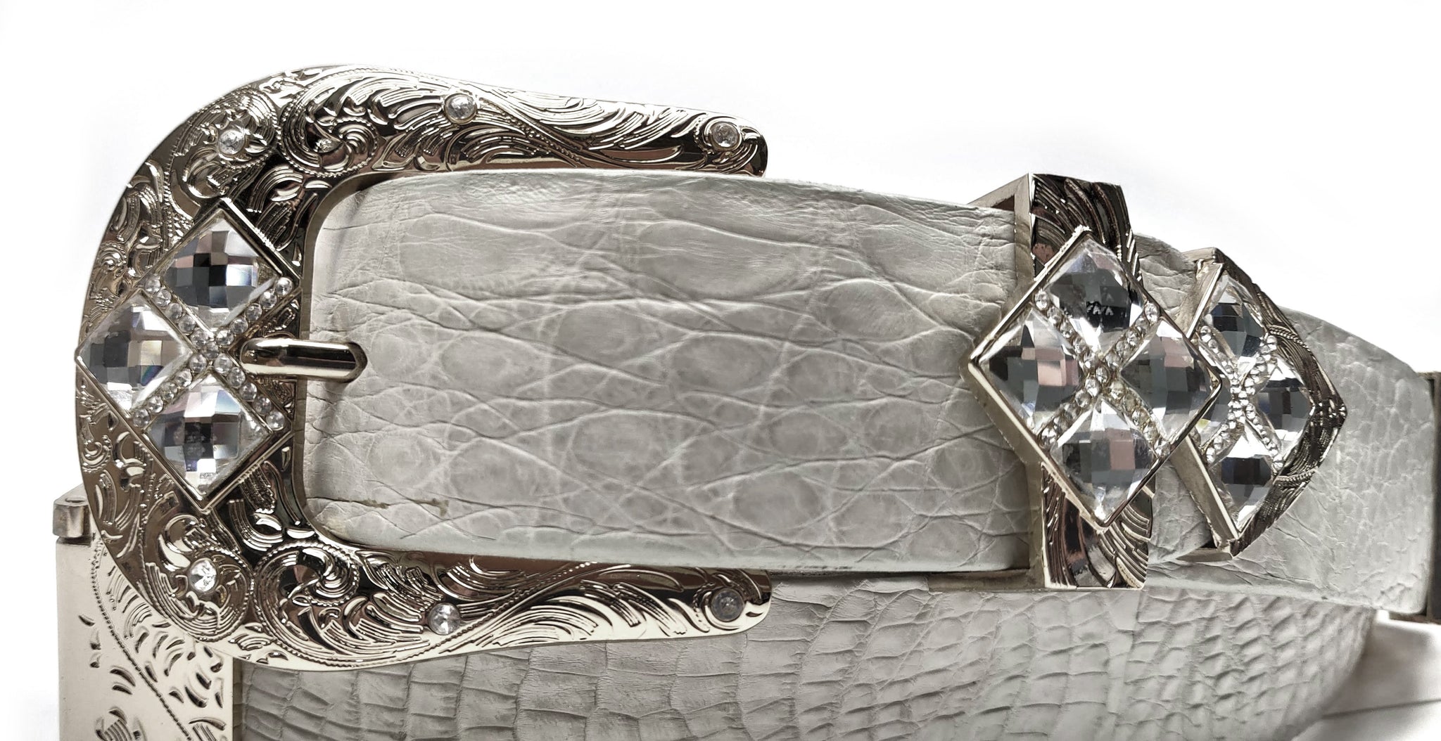 RRango Unisex Silver Tone 4 White Stones Design Caiman Hornback Custom Belt