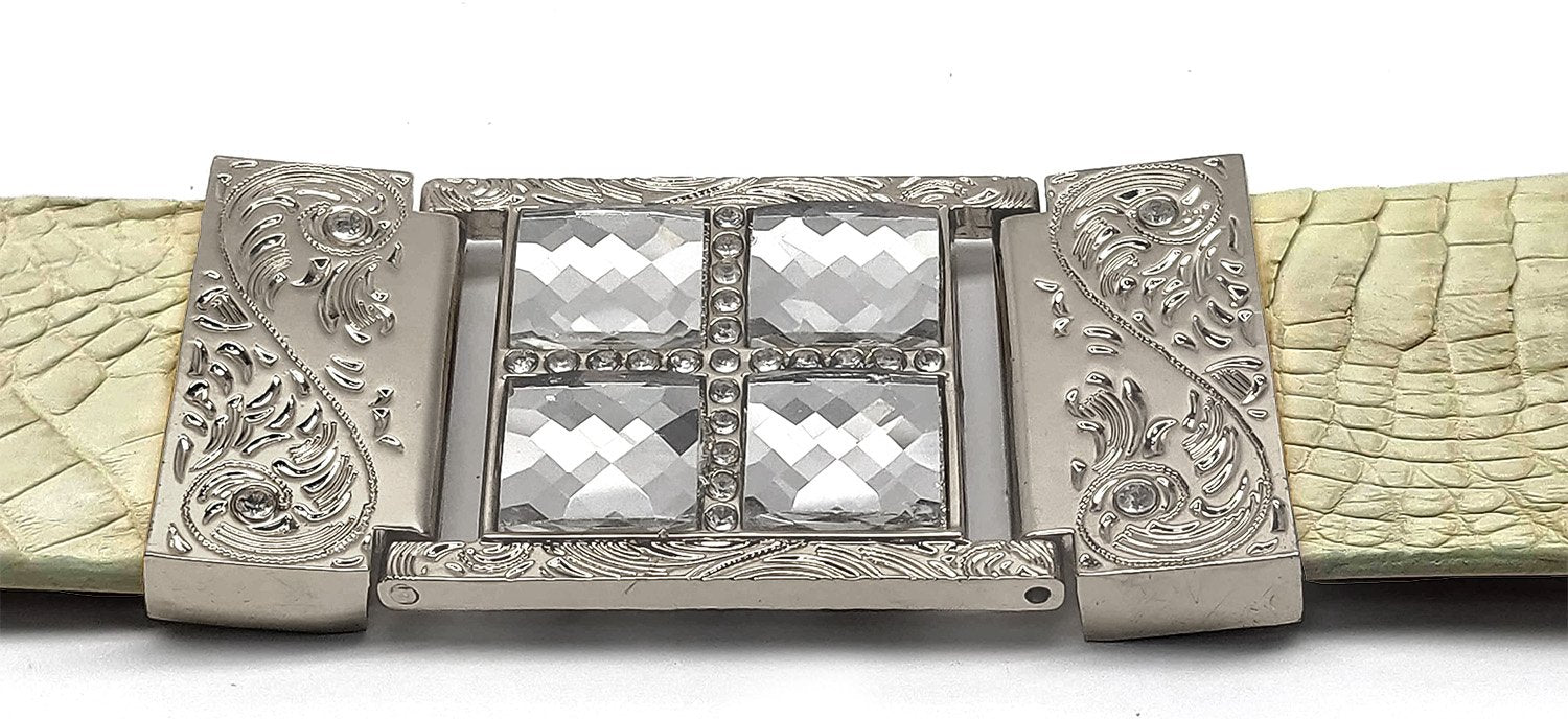RRango Unisex Silver Tone 4 White Stones Design Caiman Hornback Custom Belt