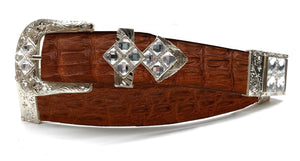 RRango Unisex Silver Tone 4 White Stones Design Caiman Hornback Custom Belt