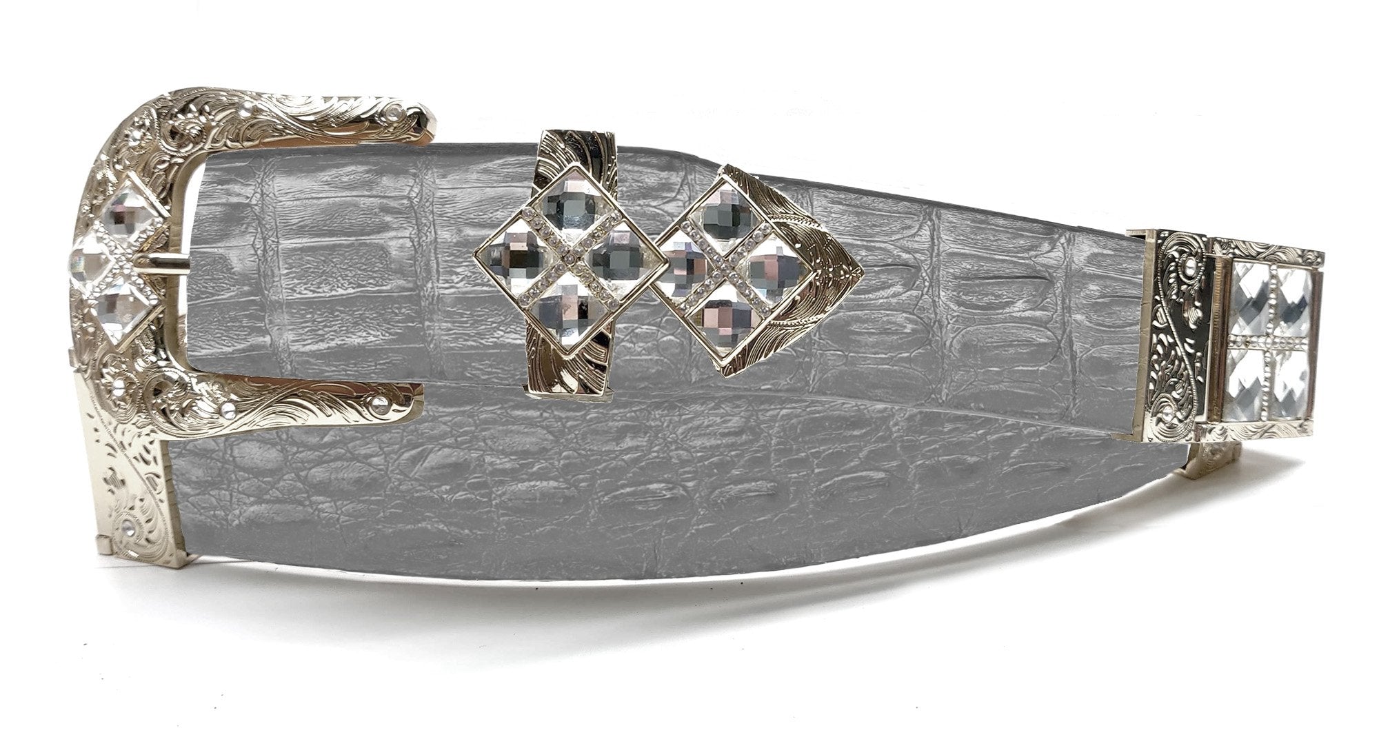 RRango Unisex Silver Tone 4 White Stones Design Caiman Hornback Custom Belt