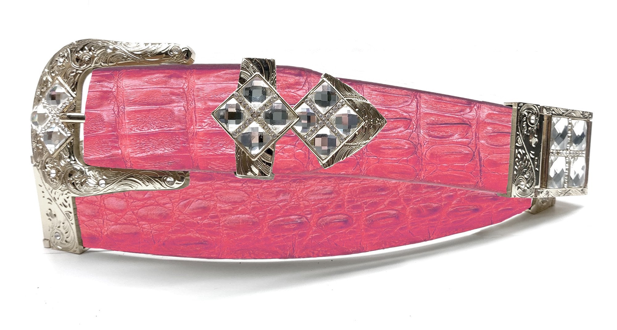 RRango Unisex Silver Tone 4 White Stones Design Caiman Hornback Custom Belt