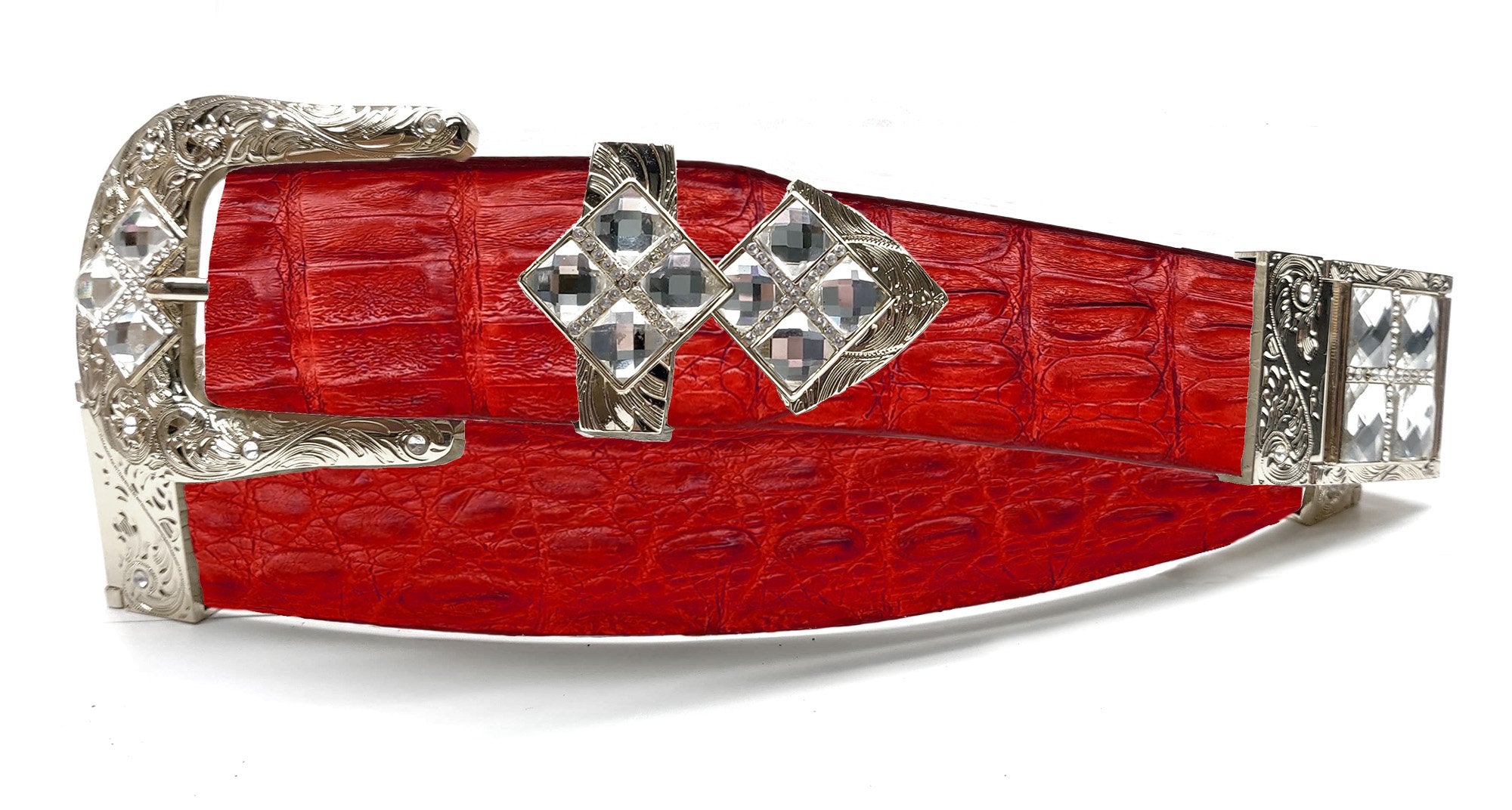 RRango Unisex Silver Tone 4 White Stones Design Caiman Hornback Custom Belt