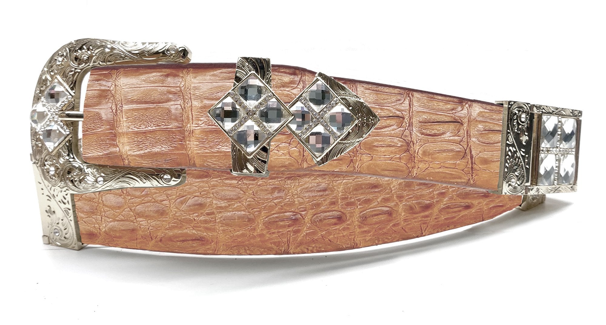 RRango Unisex Silver Tone 4 White Stones Design Caiman Hornback Custom Belt