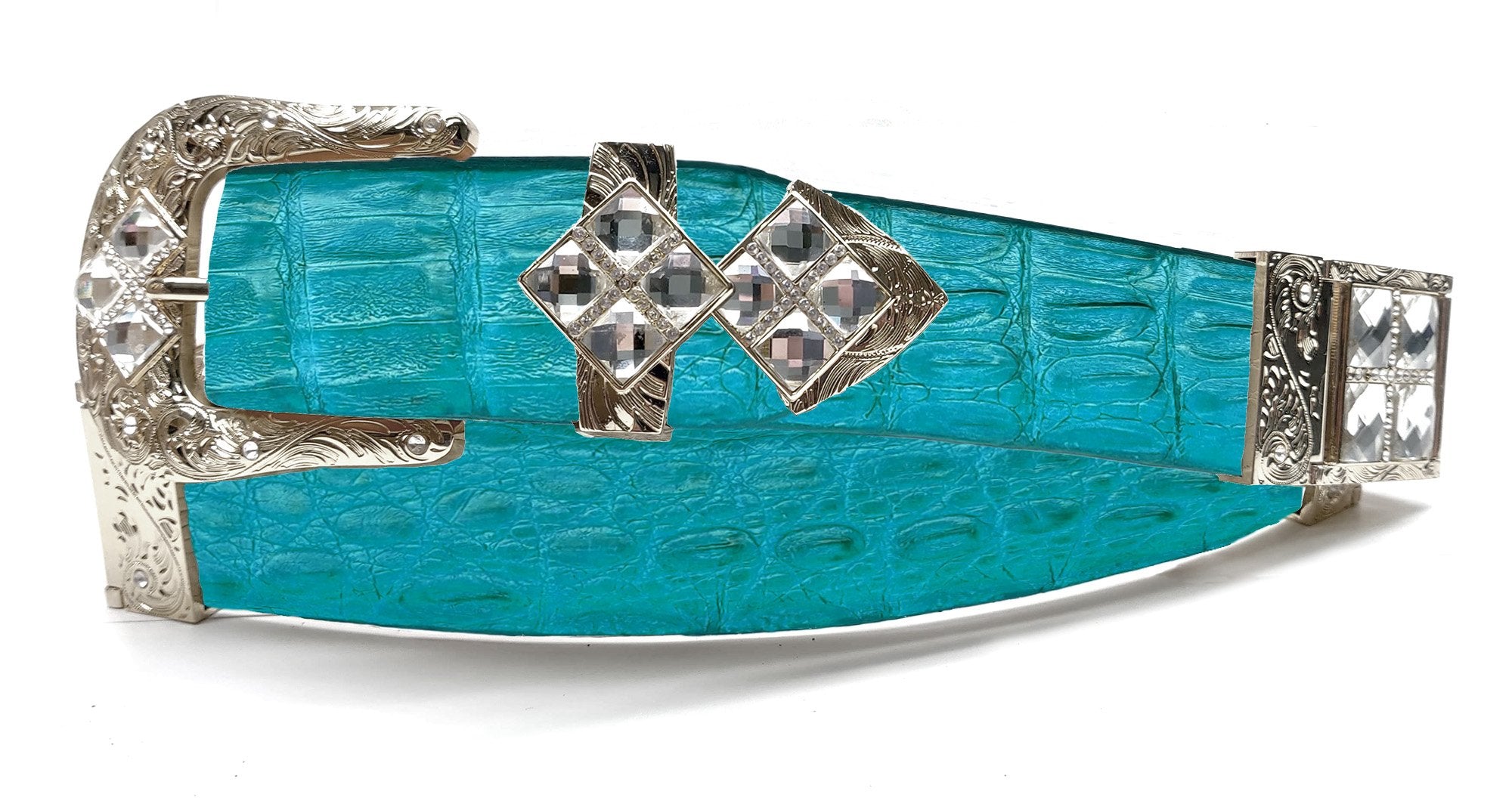 RRango Unisex Silver Tone 4 White Stones Design Caiman Hornback Custom Belt