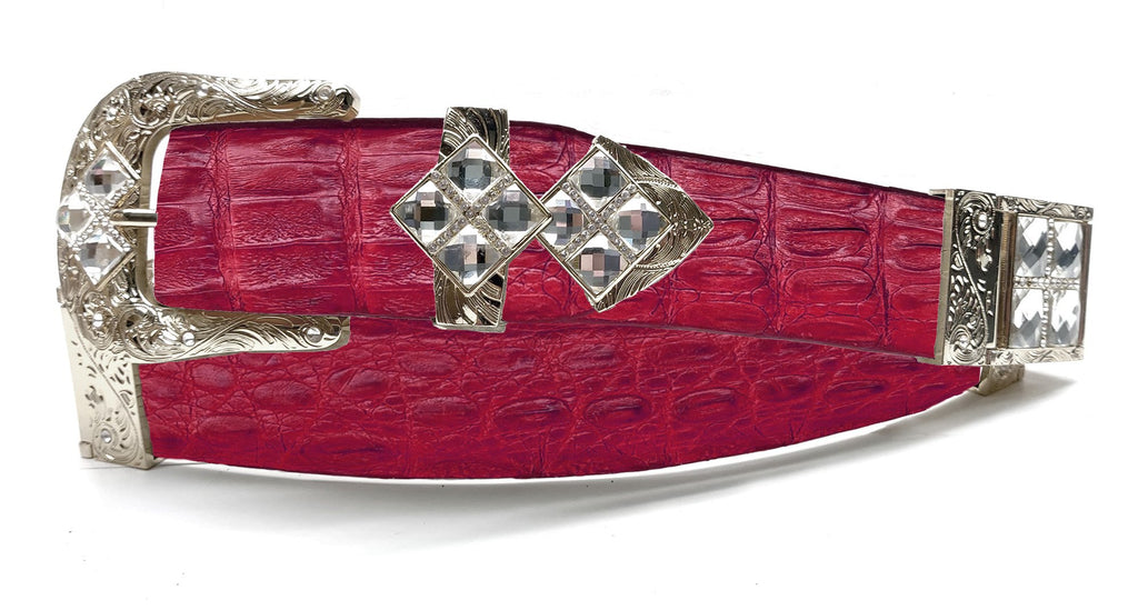 RRango Unisex Silver Tone 4 White Stones Design Caiman Hornback Custom Belt