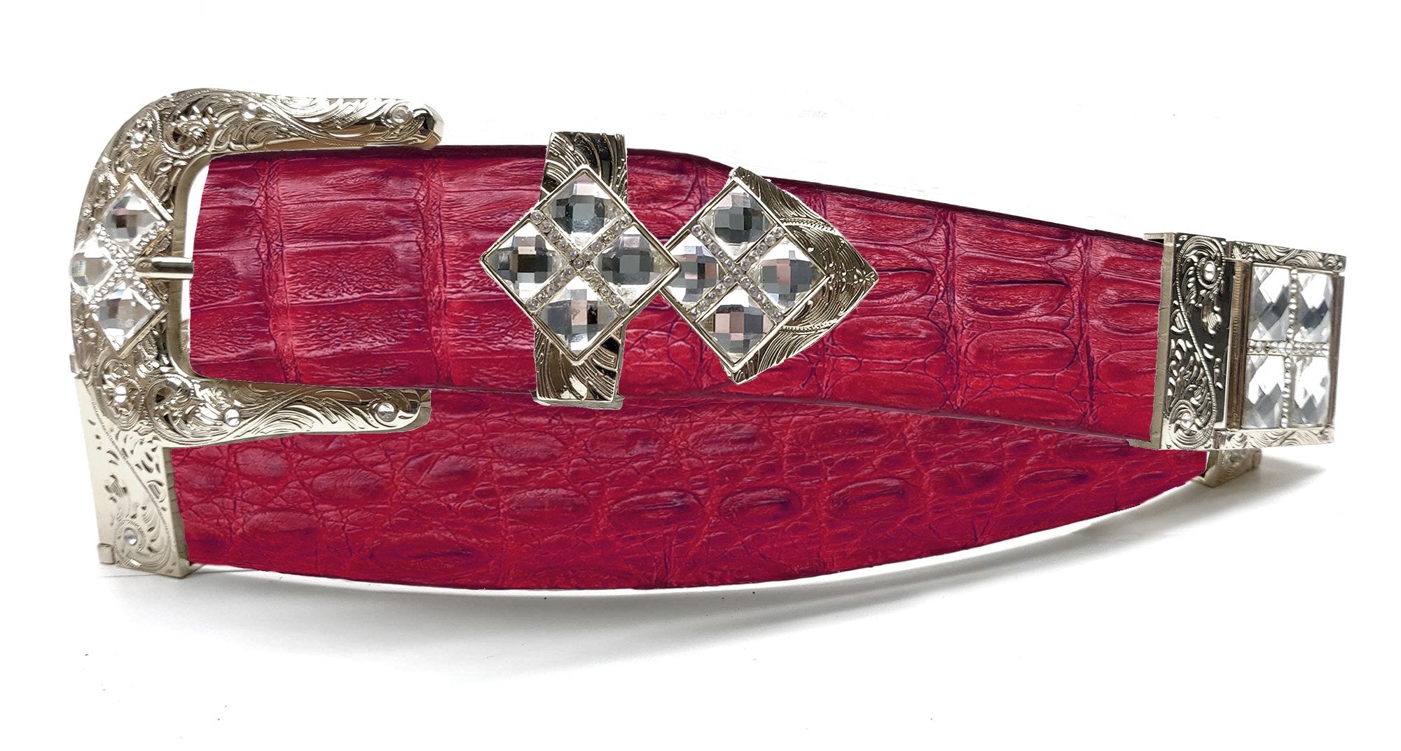RRango Unisex Silver Tone 4 White Stones Design Caiman Hornback Custom Belt
