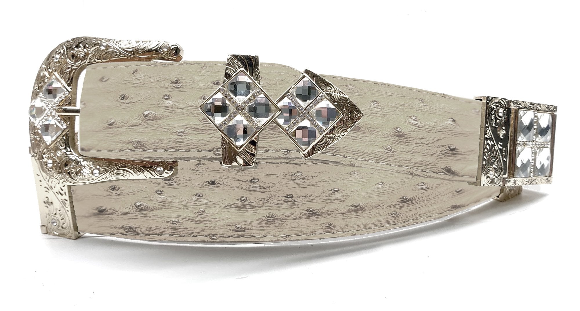 RRango Unisex Silver Tone 4 White Stones Design Ostrich Custom Belt